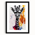 Black-framed wall art featuring a stylish giraffe design, part of a wildlife collection, showcasing intricate details and vibrant colors, perfect for home decor.