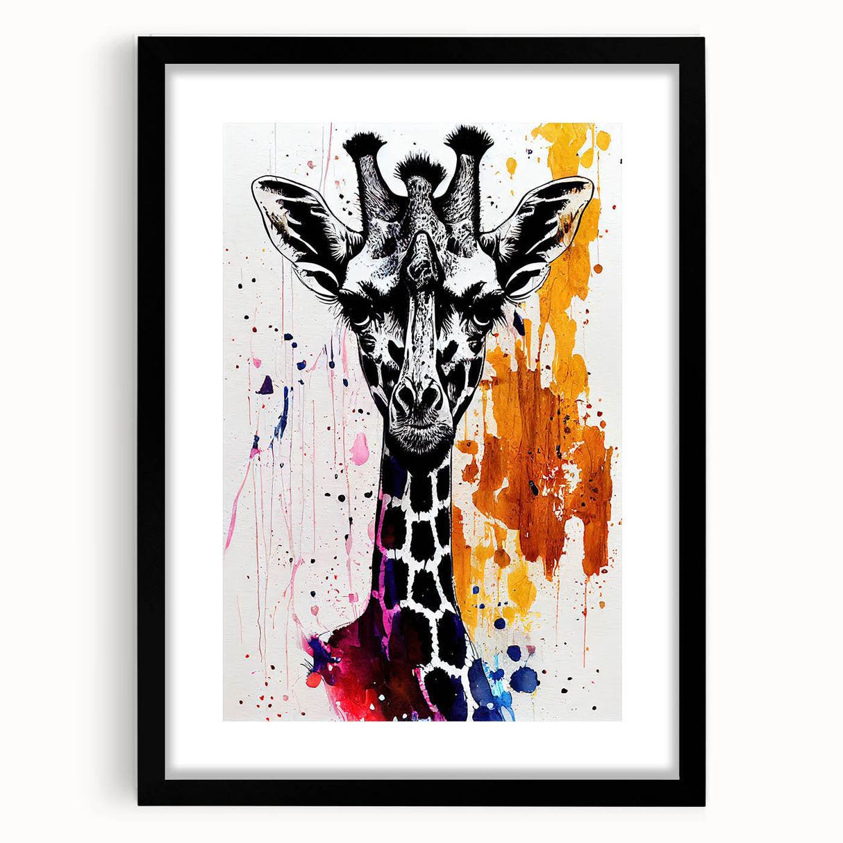 Black-framed wall art featuring a stylish giraffe design, part of a wildlife collection, showcasing intricate details and vibrant colors, perfect for home decor.