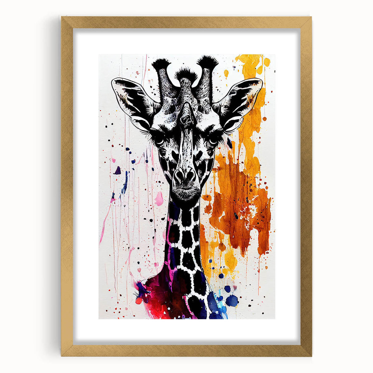 Giraffe-themed wall art design featuring a vibrant illustration on a gold-framed canvas, perfect for adding a touch of wildlife elegance to home decor.
