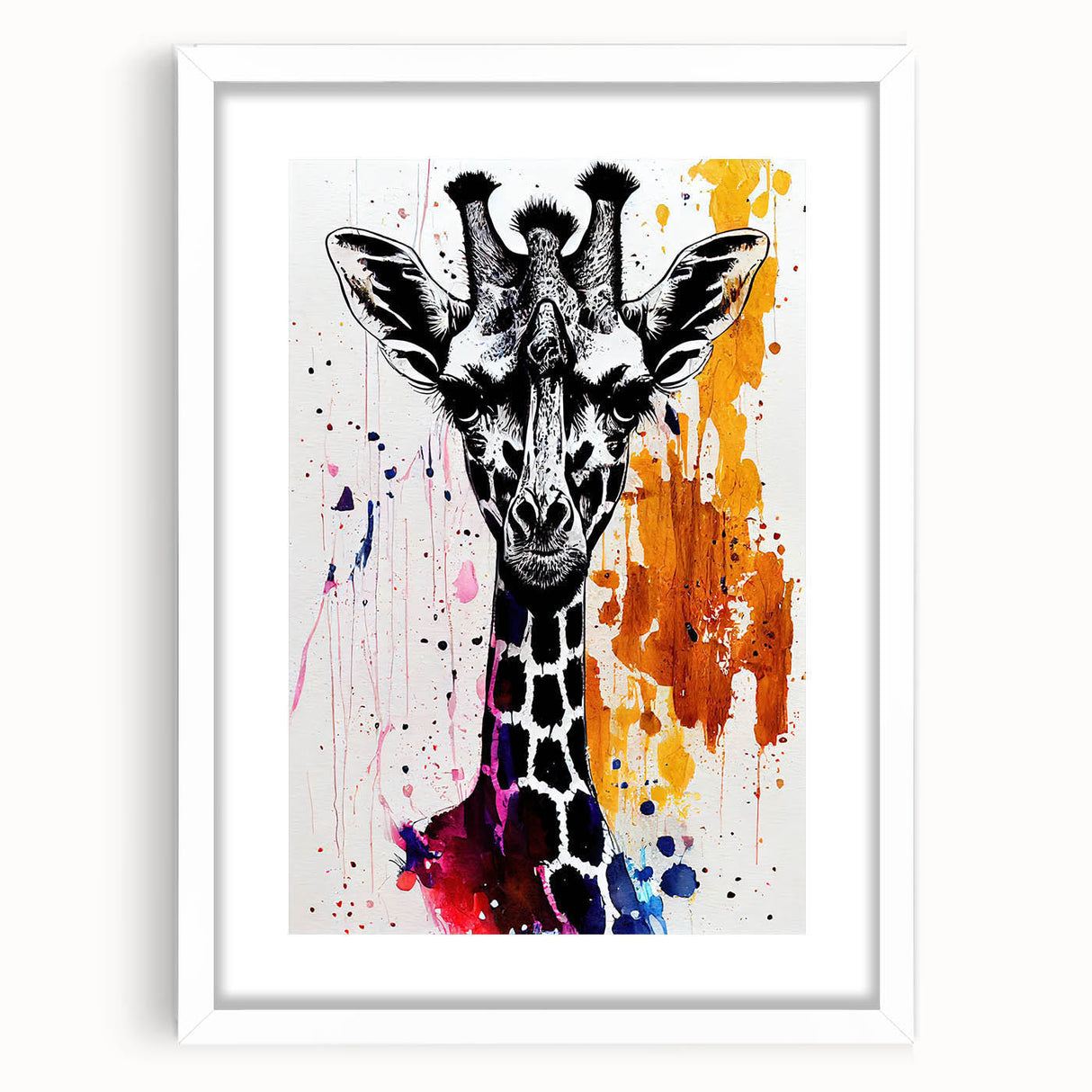 Giraffe-themed wall art framed in white, showcasing a vibrant, colorful design perfect for wildlife lovers. Ideal for home decor or animal-themed spaces.