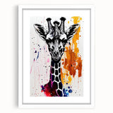 Giraffe-themed wall art framed in white, showcasing a vibrant, colorful design perfect for wildlife lovers. Ideal for home decor or animal-themed spaces.