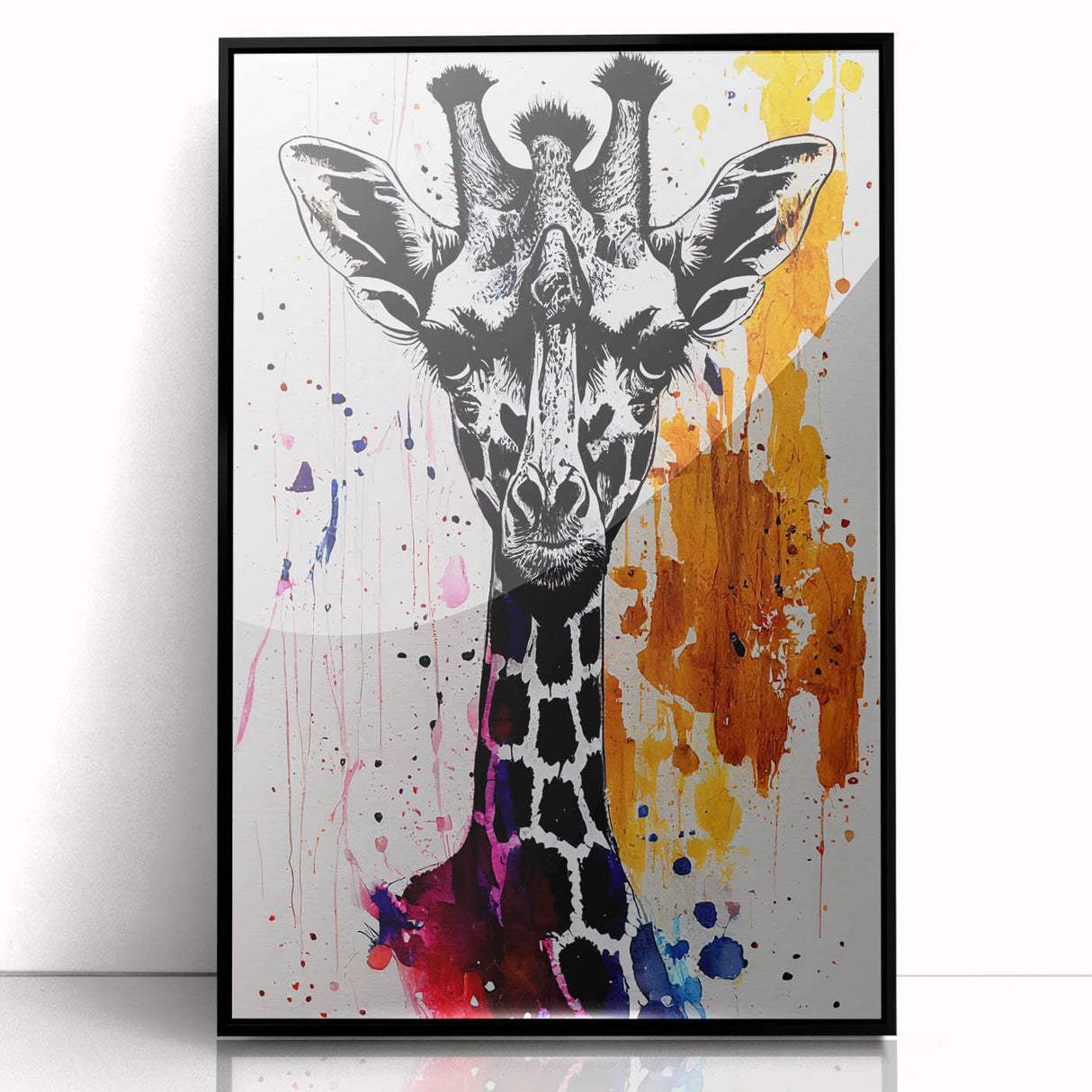 Framed wall art featuring a striking black and white giraffe design, showcasing intricate details and textures, perfect for animal lovers and modern decor.