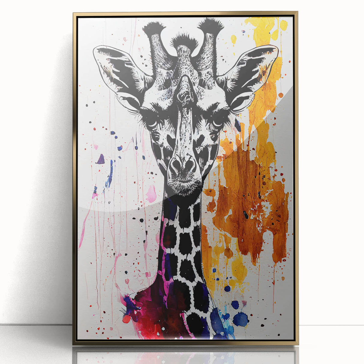 Framed wall art featuring a stunning front view of a giraffe, with vibrant gold accents and a sleek acrylic finish, perfect for wildlife enthusiasts and home decor.