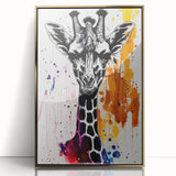 Framed wall art featuring a stunning front view of a giraffe, with vibrant gold accents and a sleek acrylic finish, perfect for wildlife enthusiasts and home decor.