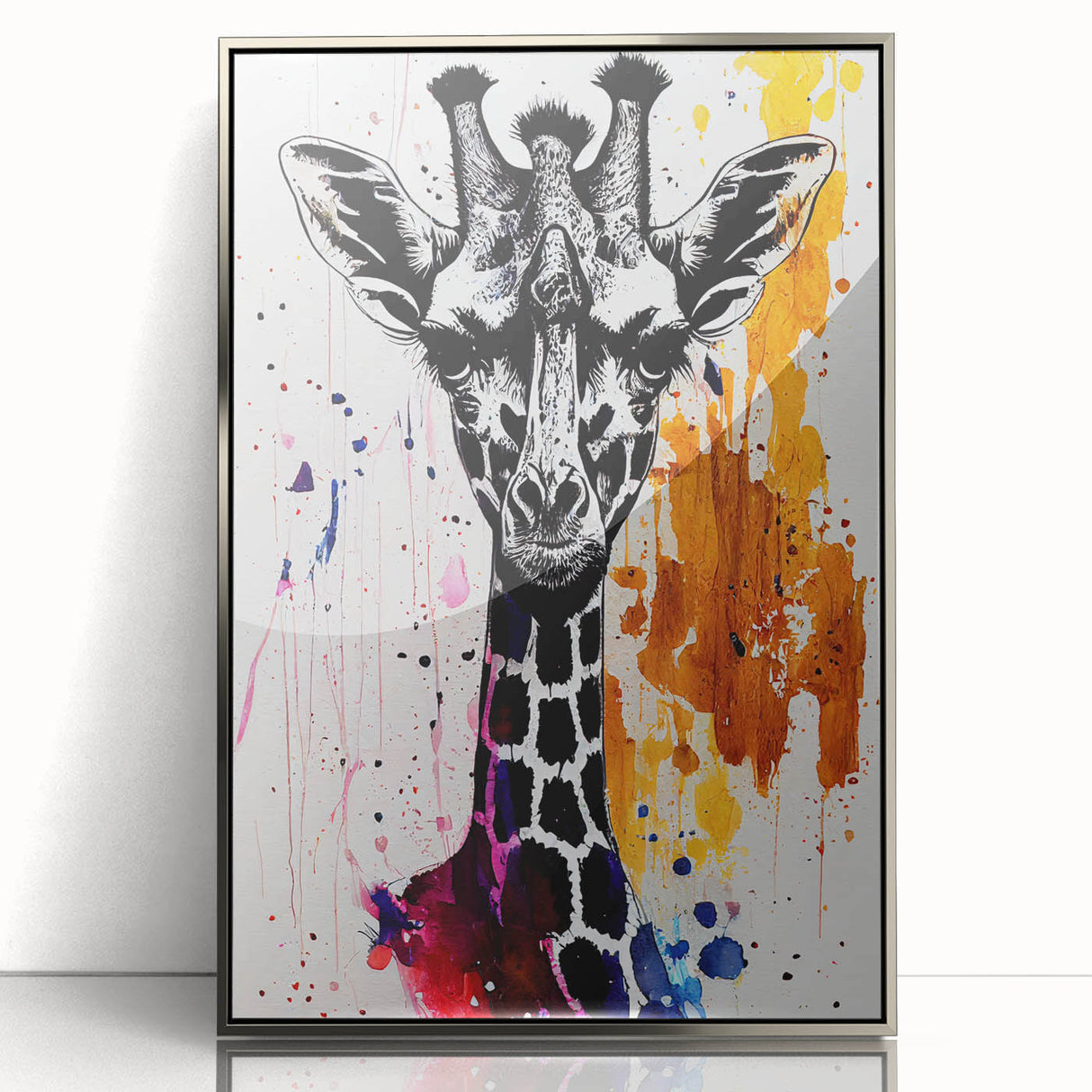 Framed acrylic wall art featuring a stunning giraffe design, showcasing vibrant colors and intricate details, perfect for adding a touch of wildlife elegance to home decor.