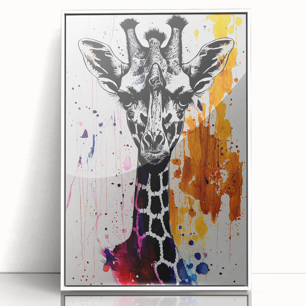 Framed acrylic wall art showcasing a vibrant giraffe design, highlighting African wildlife with a white border. Perfect for modern decor enthusiasts.
