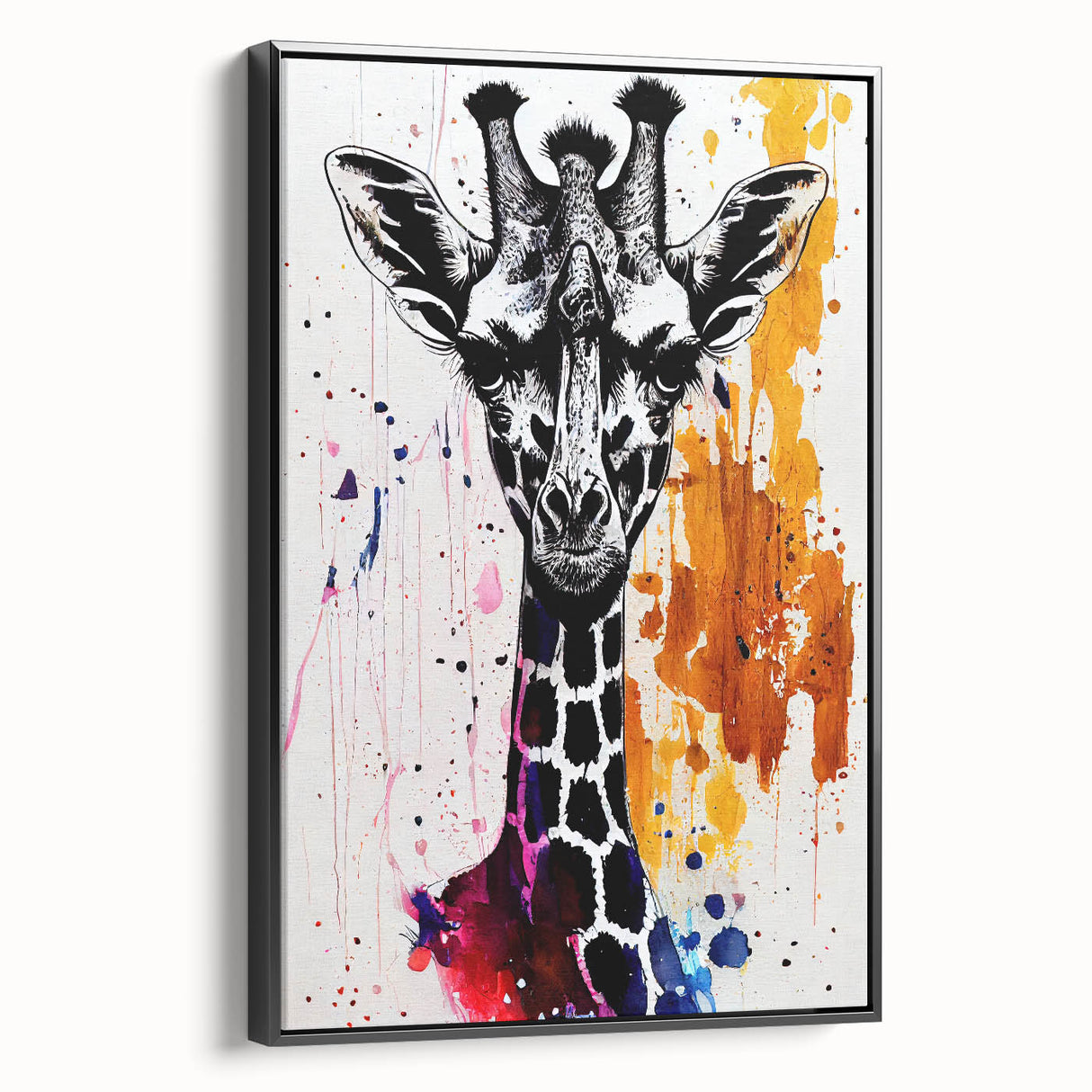Framed wall art featuring a black and white side view of a giraffe, showcasing intricate details of its long neck and unique patterns, ideal for animal lovers and modern decor.