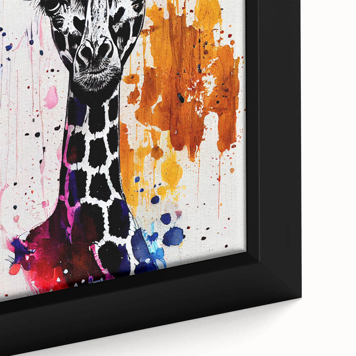 Close-up of a stunning framed canvas wall art featuring a detailed giraffe design, showcasing intricate patterns and vibrant colors, perfect for wildlife enthusiasts.