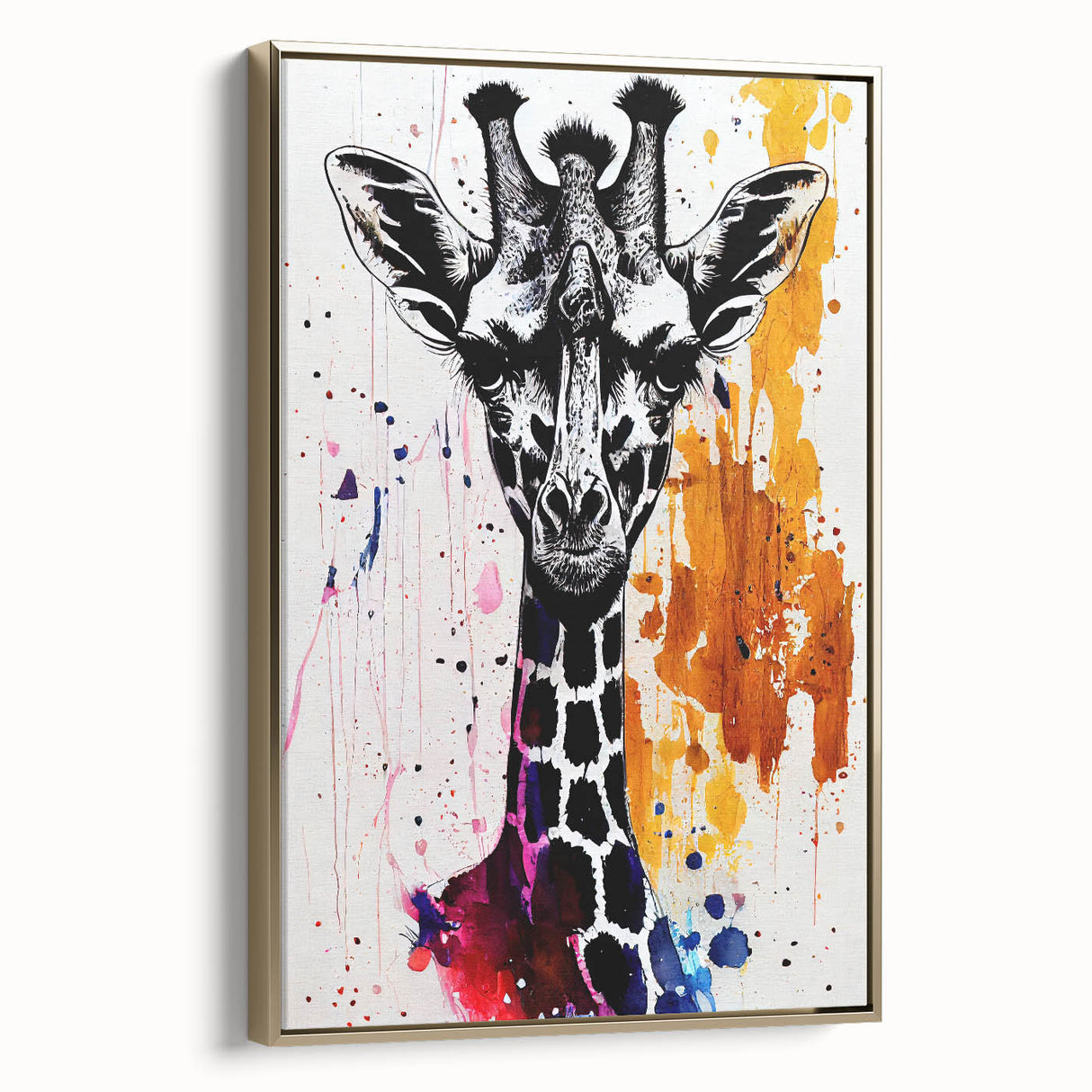 Elegant framed canvas wall art showcasing a side view of a giraffe against a gold backdrop, perfect for animal lovers and modern decor enthusiasts. This unique piece adds a touch of wildlife charm to any room.