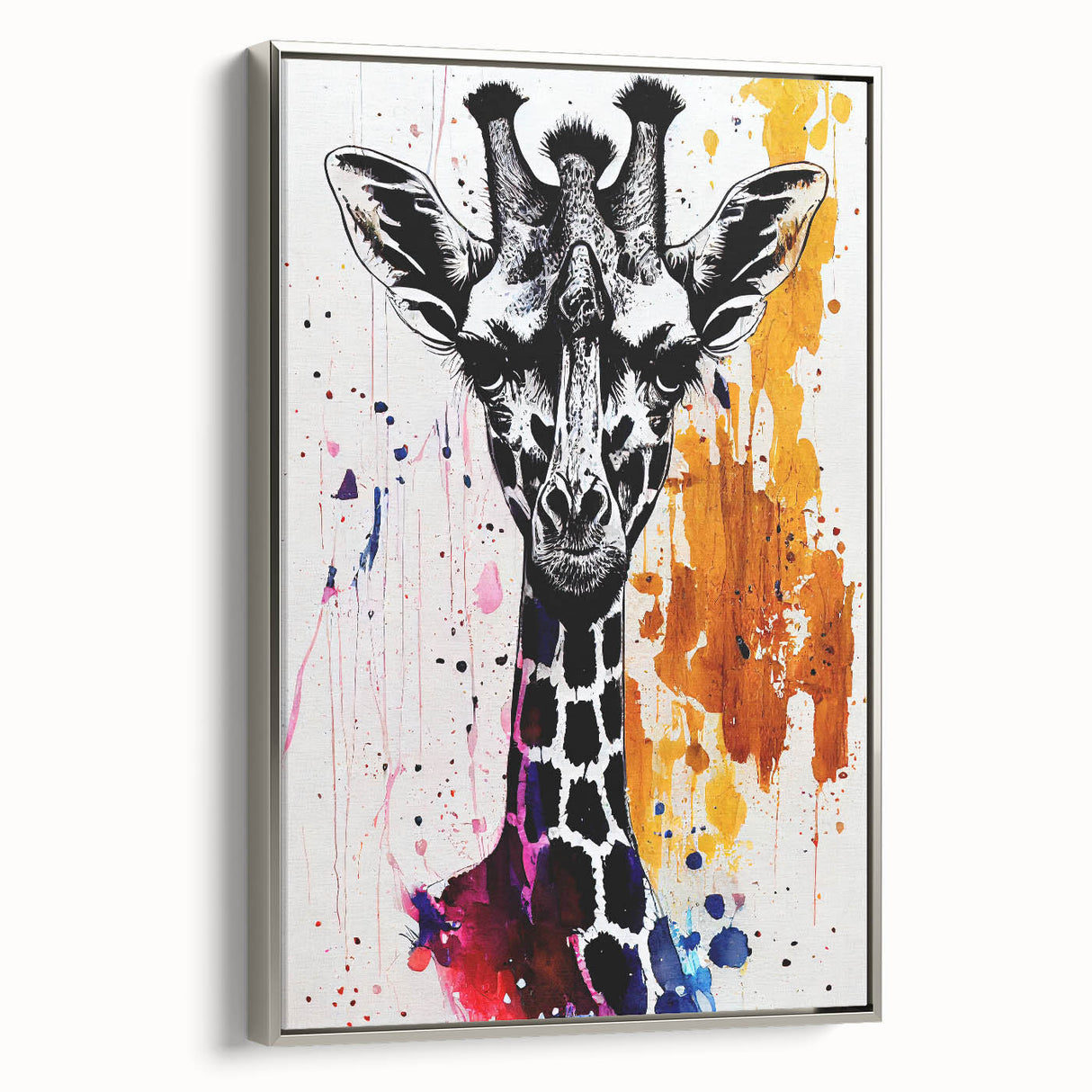 Framed wall art showcasing a silver-accented giraffe design in a side view, perfect for adding a touch of wildlife elegance to home decor. Ideal for animal lovers, this piece enhances living spaces with its artistic flair and vibrant colors.