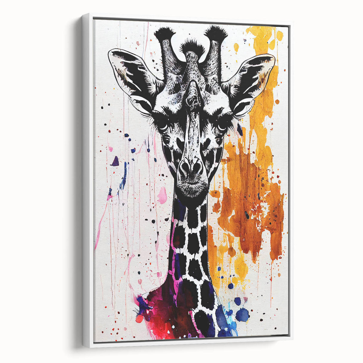 Framed wall art collection featuring a side view of a giraffe in a minimalist white design, perfect for animal lovers and modern decor enthusiasts. The artistic representation highlights the giraffe's long neck and distinctive patterns, making it an eye-catching addition to any room.