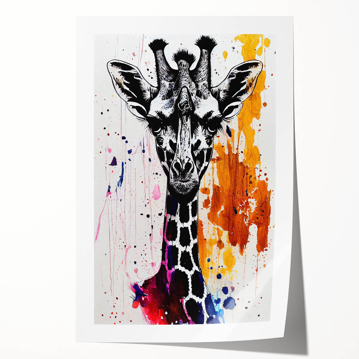 Giraffe-themed wall art design showcasing vibrant colors and intricate details, printed on high-quality paper, perfect for home decor and wildlife enthusiasts.