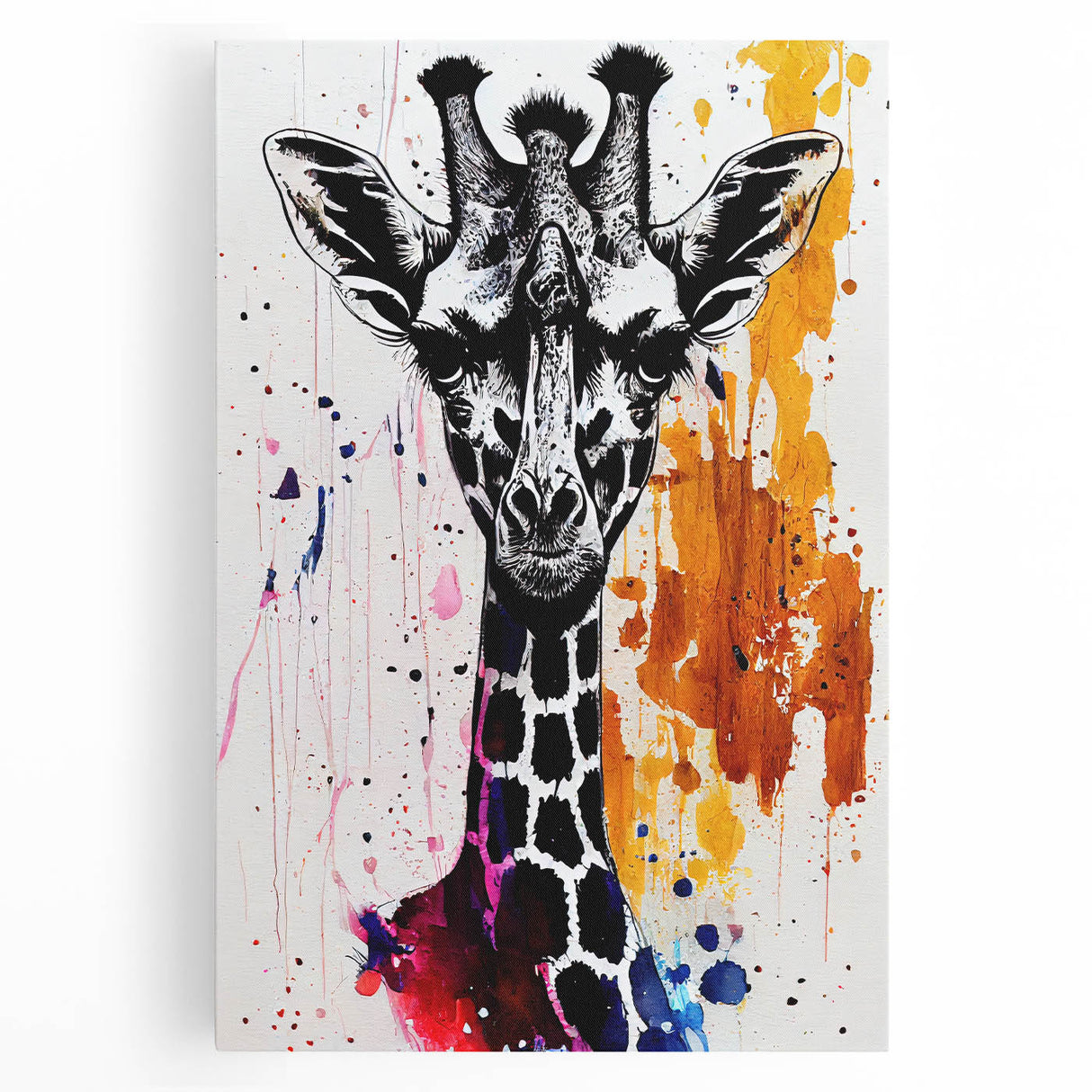 Front view of a vibrant giraffe design on stretched canvas wall art, showcasing intricate patterns and warm colors, perfect for wildlife-themed decor.