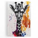 Front view of a vibrant giraffe design on stretched canvas wall art, showcasing intricate patterns and warm colors, perfect for wildlife-themed decor.