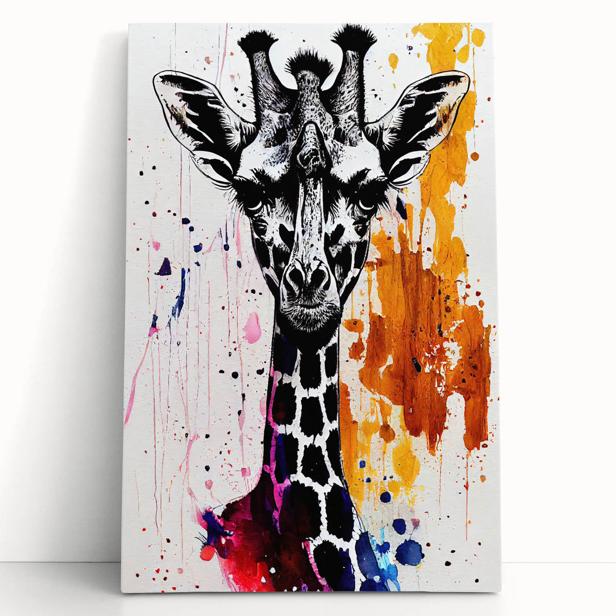 Stretched canvas wall art depicting a vibrant giraffe design, showcasing intricate details and warm earth tones, perfect for adding a touch of nature to home decor.