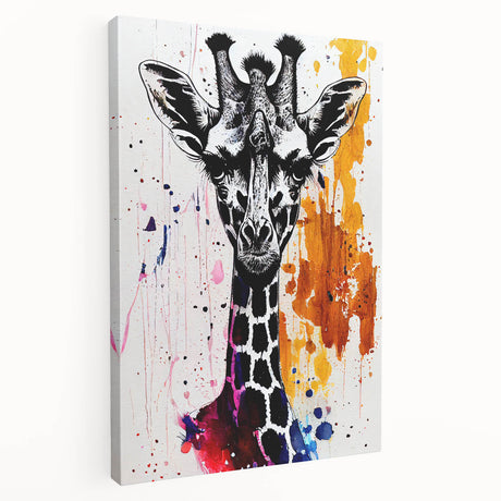 Side view of a vibrant giraffe design stretched canvas wall art, showcasing intricate colors and patterns, perfect for wildlife-themed home decor.
