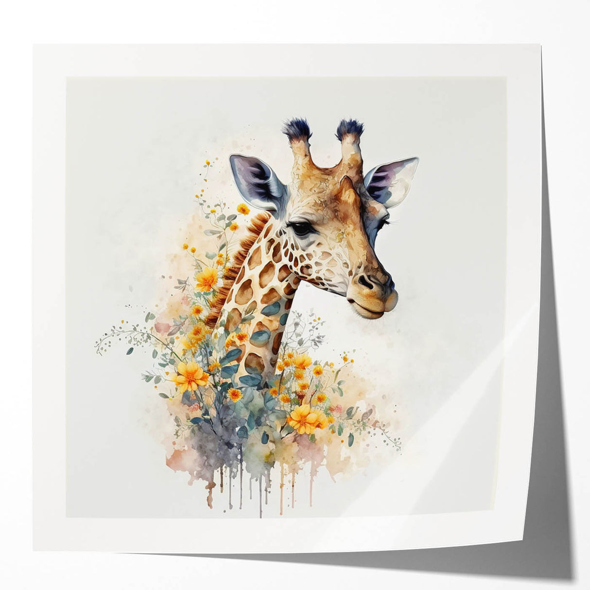 Giraffe-themed wall art print showcasing a colorful design, ideal for wildlife enthusiasts, featuring vibrant hues and intricate details on a glossy canvas. Perfect for home decor.