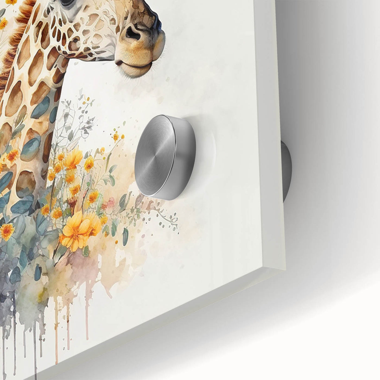 Close-up of a vibrant acrylic glass wall art piece featuring a giraffe, showcasing intricate details of its fur and expressive features, perfect for wildlife enthusiasts.