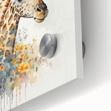 Close-up of a vibrant acrylic glass wall art piece featuring a giraffe, showcasing intricate details of its fur and expressive features, perfect for wildlife enthusiasts.