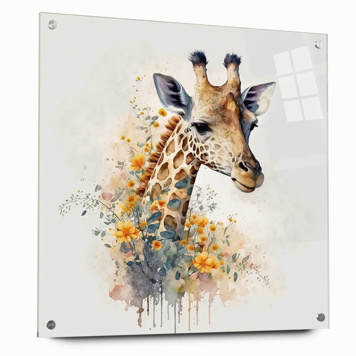 Side view of a vibrant giraffe wall art piece displayed in an acrylic frame, showcasing intricate details and colors that enhance any wildlife-themed decor. This modern design adds a touch of nature-inspired elegance to interior spaces, making it a perfect addition for animal lovers and art enthusiasts alike.