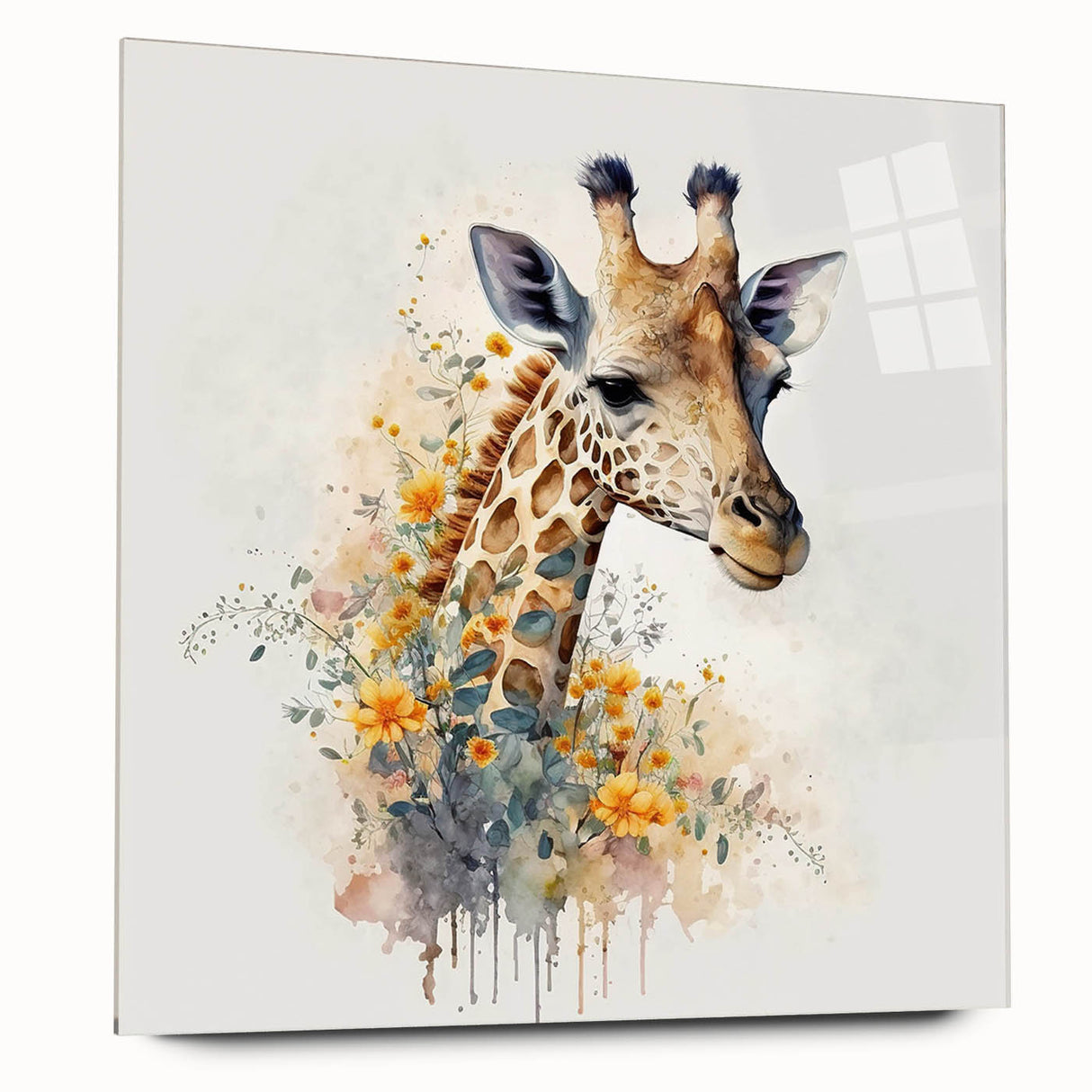 Giraffe wall art design displayed in a sleek acrylic glass frame, showcasing a vibrant side view of the majestic animal, perfect for wildlife enthusiasts.