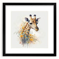 Framed wall art featuring a striking giraffe design in vibrant colors, showcased in a sleek black frame with a white mat, perfect for wildlife lovers and modern decor.