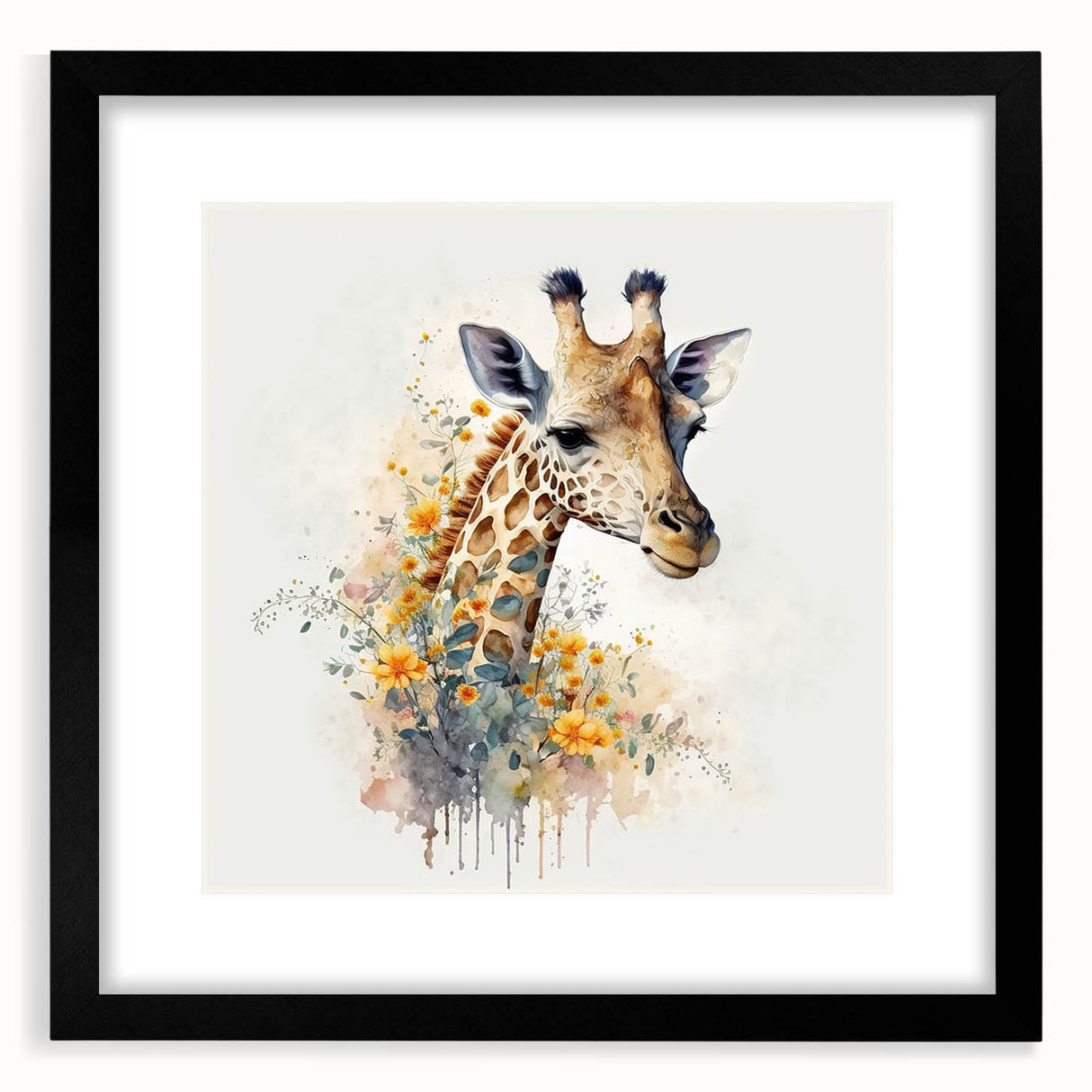 Framed wall art featuring a striking giraffe design in vibrant colors, showcased in a sleek black frame with a white mat, perfect for wildlife lovers and modern decor.