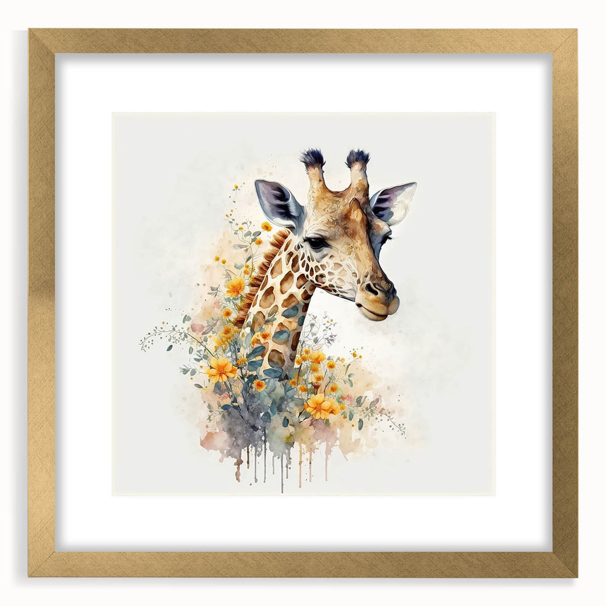 Giraffe-themed wall art design featuring a gold frame and mat, showcasing vibrant colors and intricate details, perfect for adding a touch of wildlife elegance to any space.