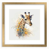 Giraffe-themed wall art design featuring a gold frame and mat, showcasing vibrant colors and intricate details, perfect for adding a touch of wildlife elegance to any space.