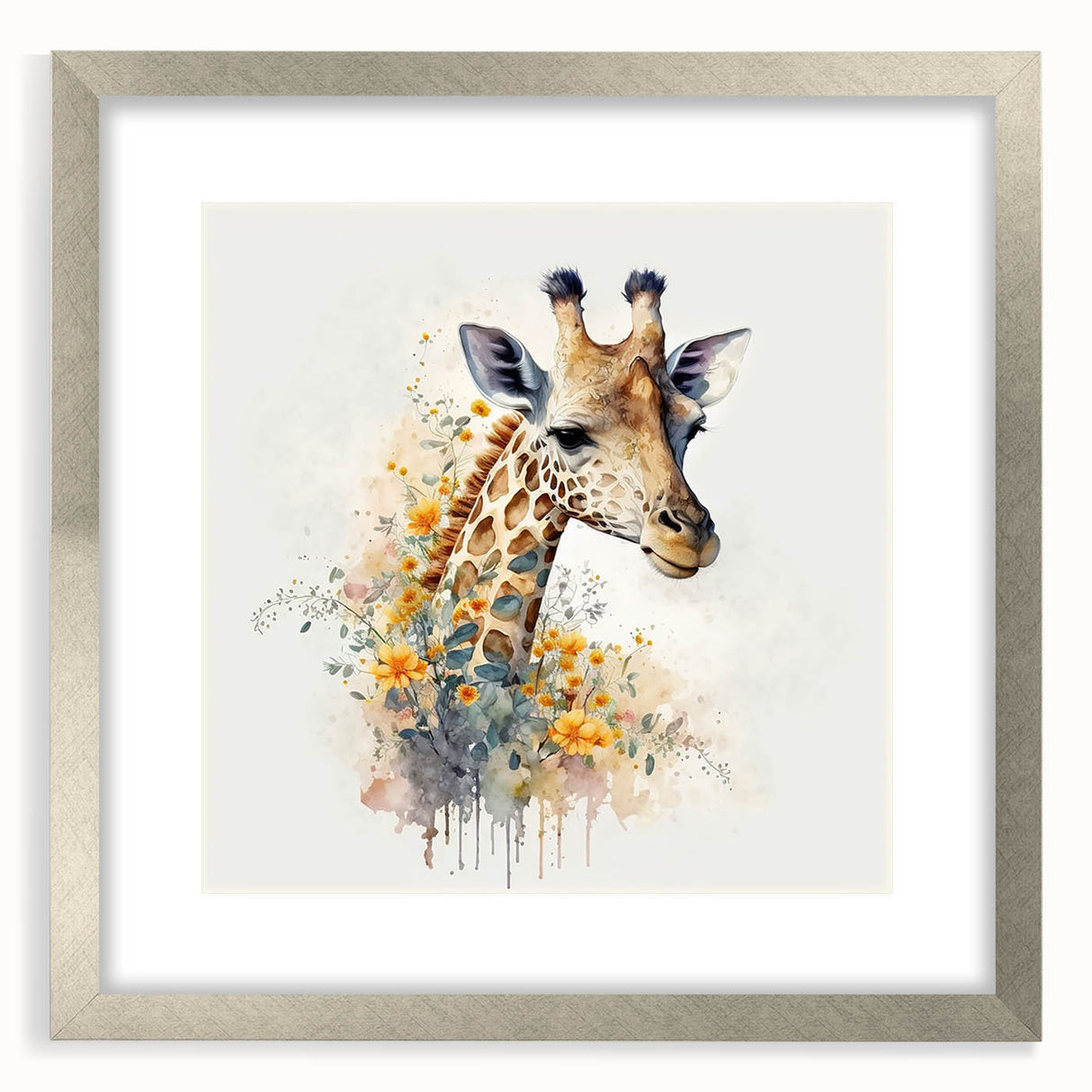Giraffe wall art design showcased in a silver frame with a white mat, highlighting intricate details and vibrant colors, perfect for enhancing modern decor.