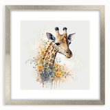 Giraffe wall art design showcased in a silver frame with a white mat, highlighting intricate details and vibrant colors, perfect for enhancing modern decor.