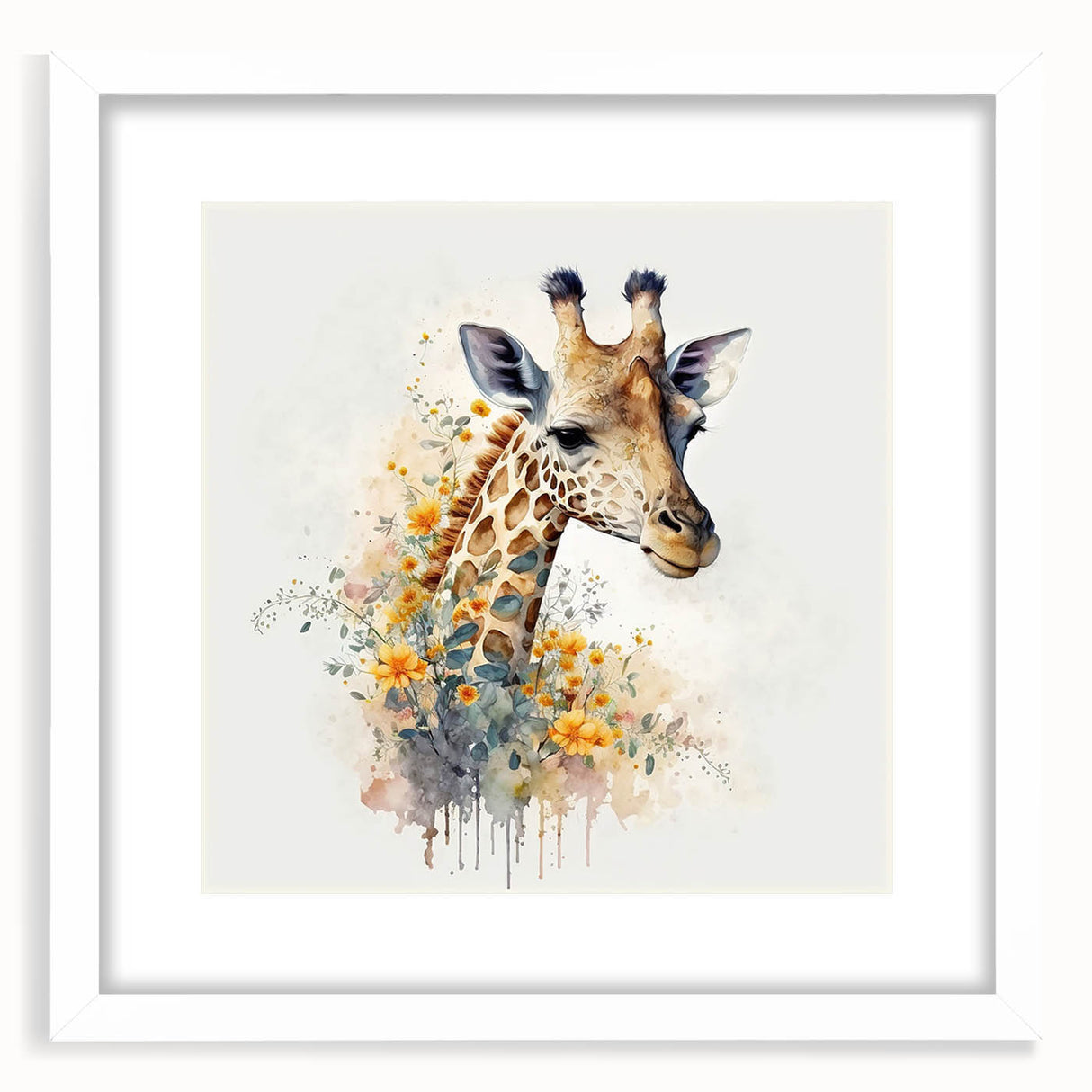 Giraffe wall art design framed with a white mat, showcasing intricate wildlife details and vibrant colors, perfect for enhancing home decor with an African theme.
