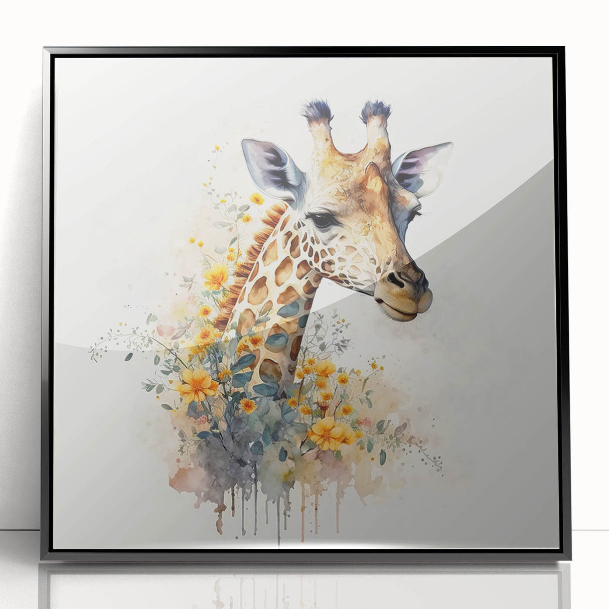 Framed acrylic wall art showcasing a striking giraffe design in vibrant colors, set against a sleek black border, ideal for enhancing modern decor.