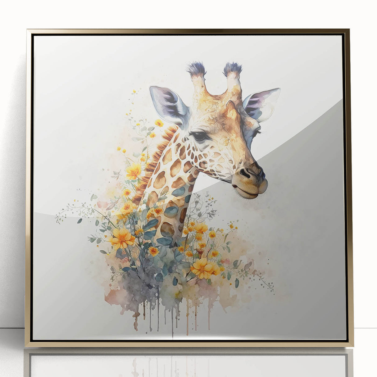 Framed wall art showcasing a stunning giraffe design in vibrant colors, featuring a sleek gold acrylic frame, perfect for enhancing modern decor and animal-themed spaces.