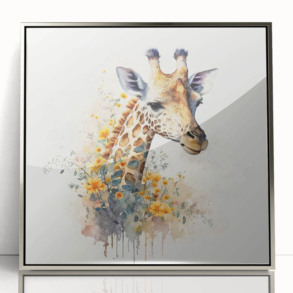 Framed wall art featuring a stylish silver-accented design of a giraffe, showcasing its distinct patterns and elegant posture, ideal for wildlife enthusiasts.