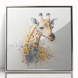 Framed wall art featuring a stylish silver-accented design of a giraffe, showcasing its distinct patterns and elegant posture, ideal for wildlife enthusiasts.