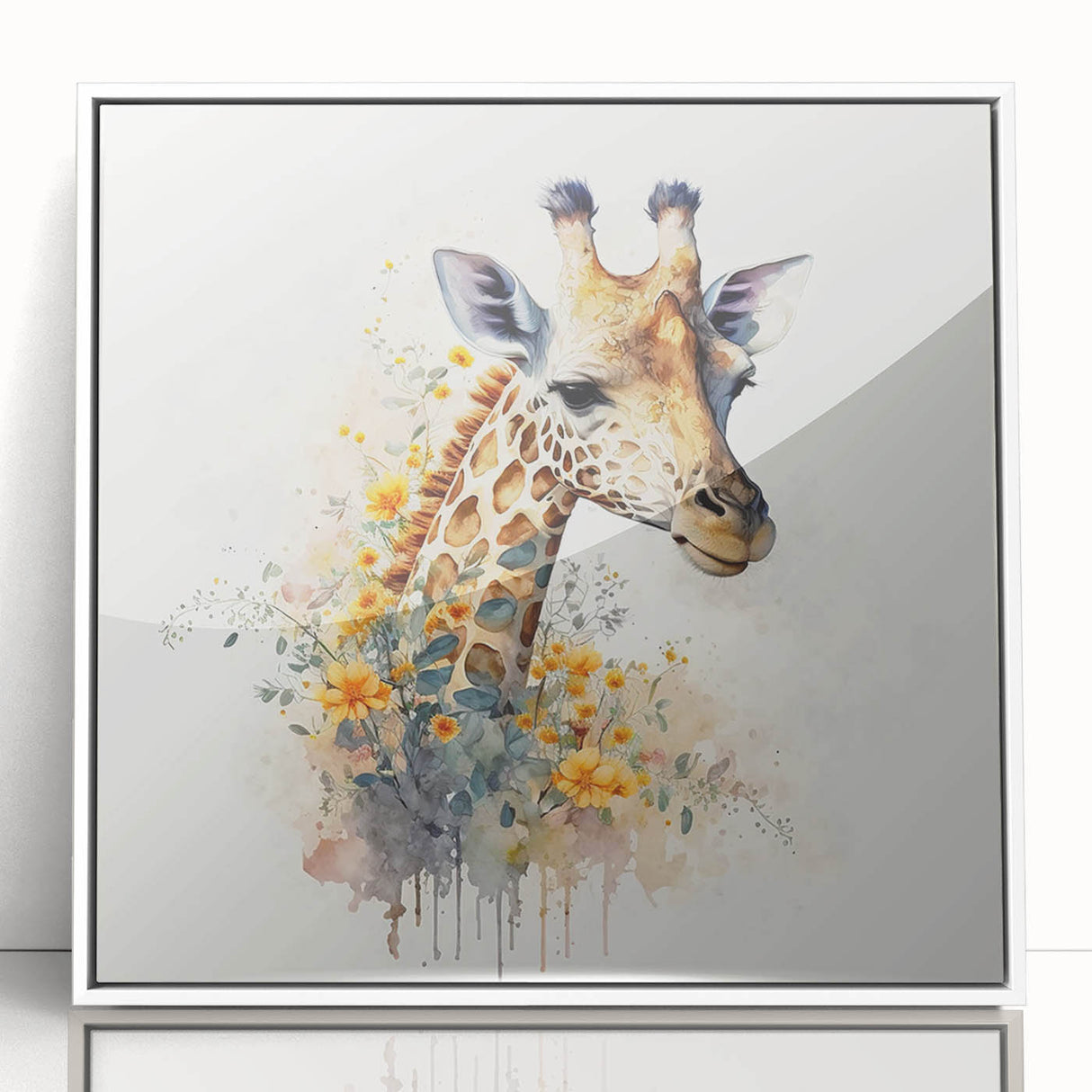 Framed wall art featuring a vibrant giraffe design in a contemporary style, displayed in a sleek white frame against a neutral background, perfect for animal-themed decor.