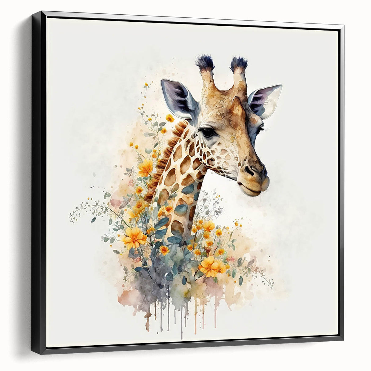 Framed wall art featuring a side view of a giraffe design against a black background, showcasing intricate details and vibrant colors, perfect for animal lovers and modern decor.