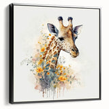 Framed wall art featuring a side view of a giraffe design against a black background, showcasing intricate details and vibrant colors, perfect for animal lovers and modern decor.