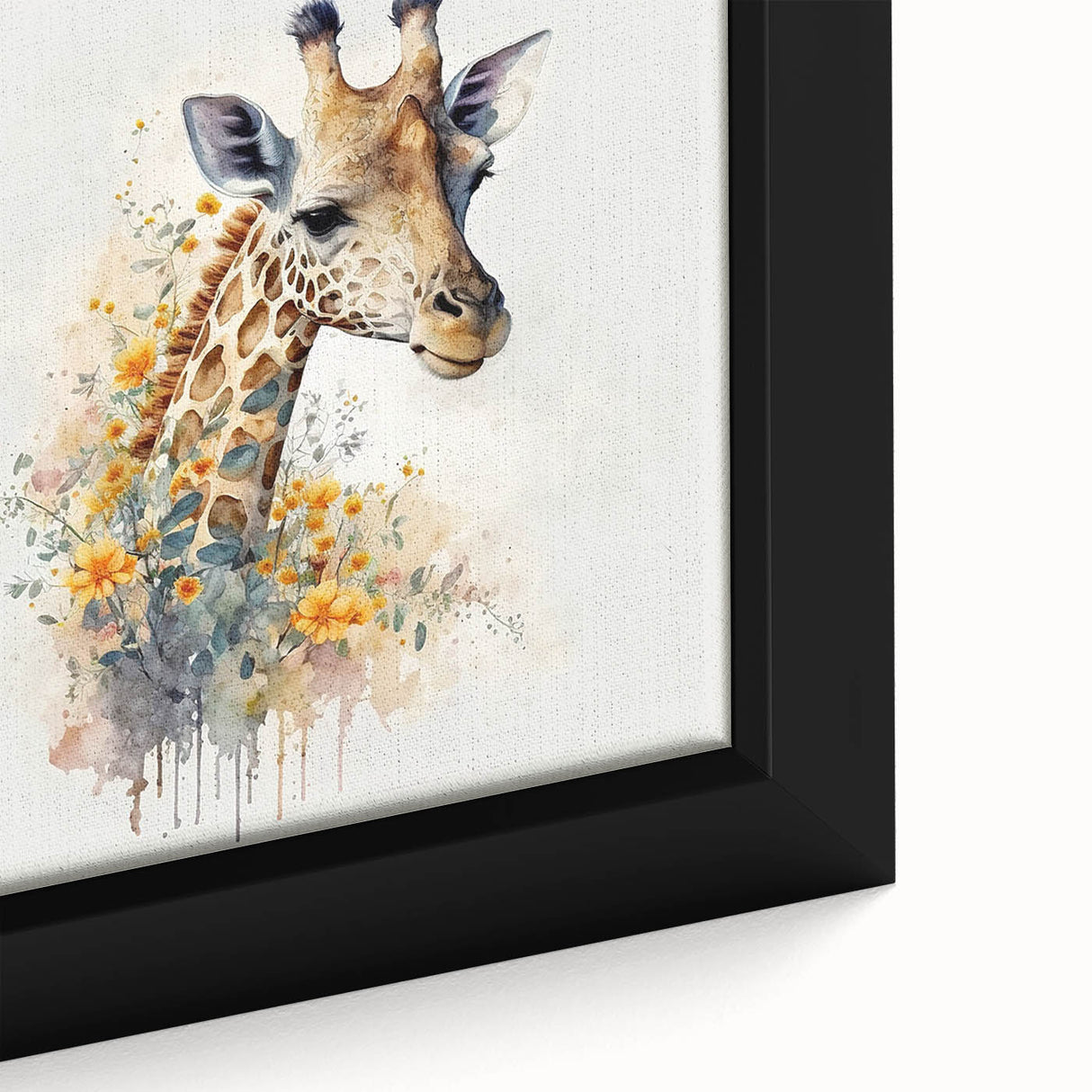 Close-up of a framed canvas wall art featuring a beautifully detailed giraffe design, highlighting its unique textures and colors, perfect for wildlife enthusiasts.