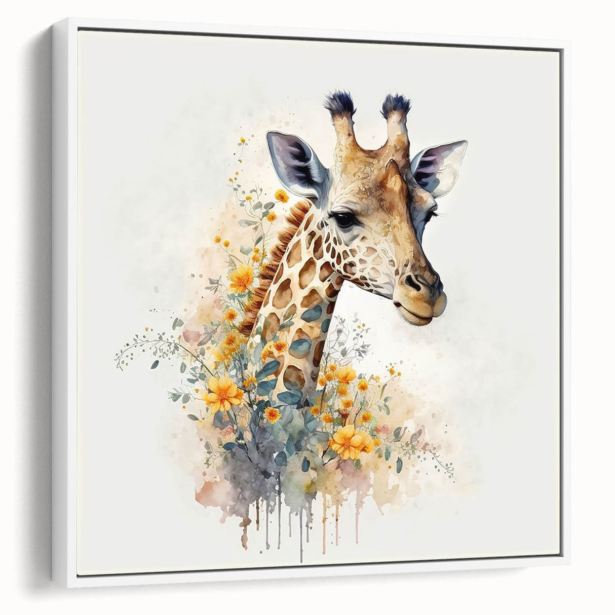 Framed canvas wall art featuring a side view of a giraffe against a white background, showcasing intricate details and vibrant colors, perfect for animal lovers and modern decor.