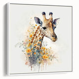 Framed canvas wall art featuring a side view of a giraffe against a white background, showcasing intricate details and vibrant colors, perfect for animal lovers and modern decor.