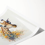 Colorful giraffe wall art design on a rolled canvas print, showcasing intricate patterns and vibrant hues, perfect for enhancing home decor with a wildlife theme.