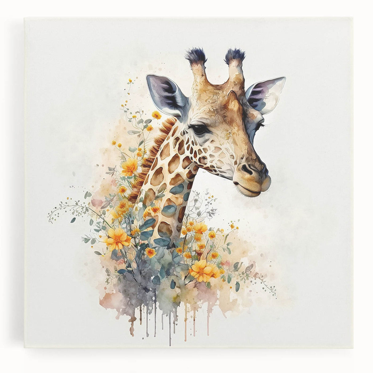 Vibrant giraffe wall art design on stretched canvas, showcasing intricate details and natural colors, perfect for animal lovers and home decor enthusiasts.