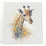 Stretched canvas wall art featuring a vibrant giraffe design set against a lush green background, perfect for adding a touch of wildlife elegance to any room.