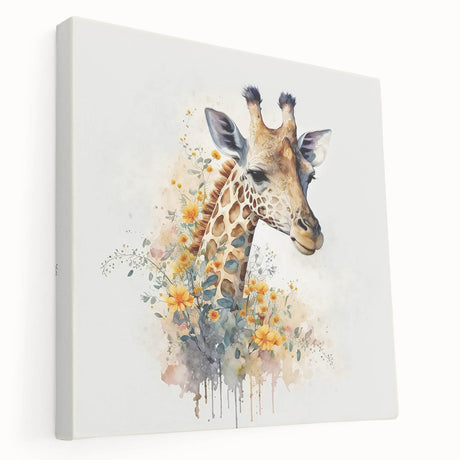 Stretched canvas wall art featuring a side view of a giraffe in its natural habitat, showcasing intricate details and vibrant colors, ideal for wildlife enthusiasts.