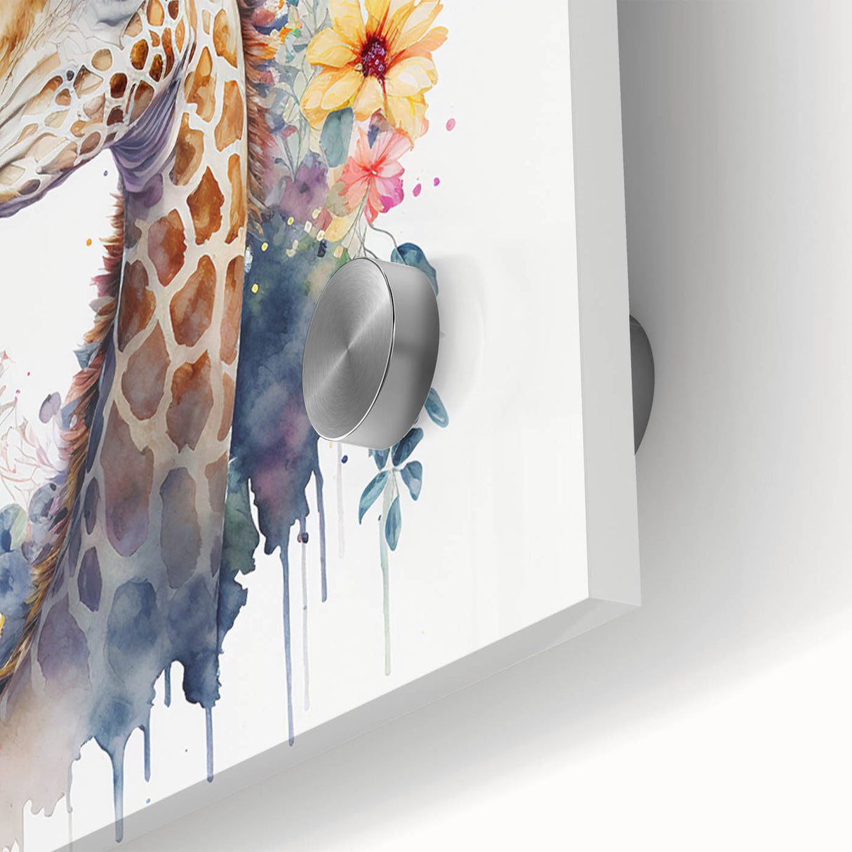 Close-up of a vibrant giraffe wall art design on acrylic glass, showcasing intricate details and rich colors, ideal for wildlife enthusiasts and modern decor.