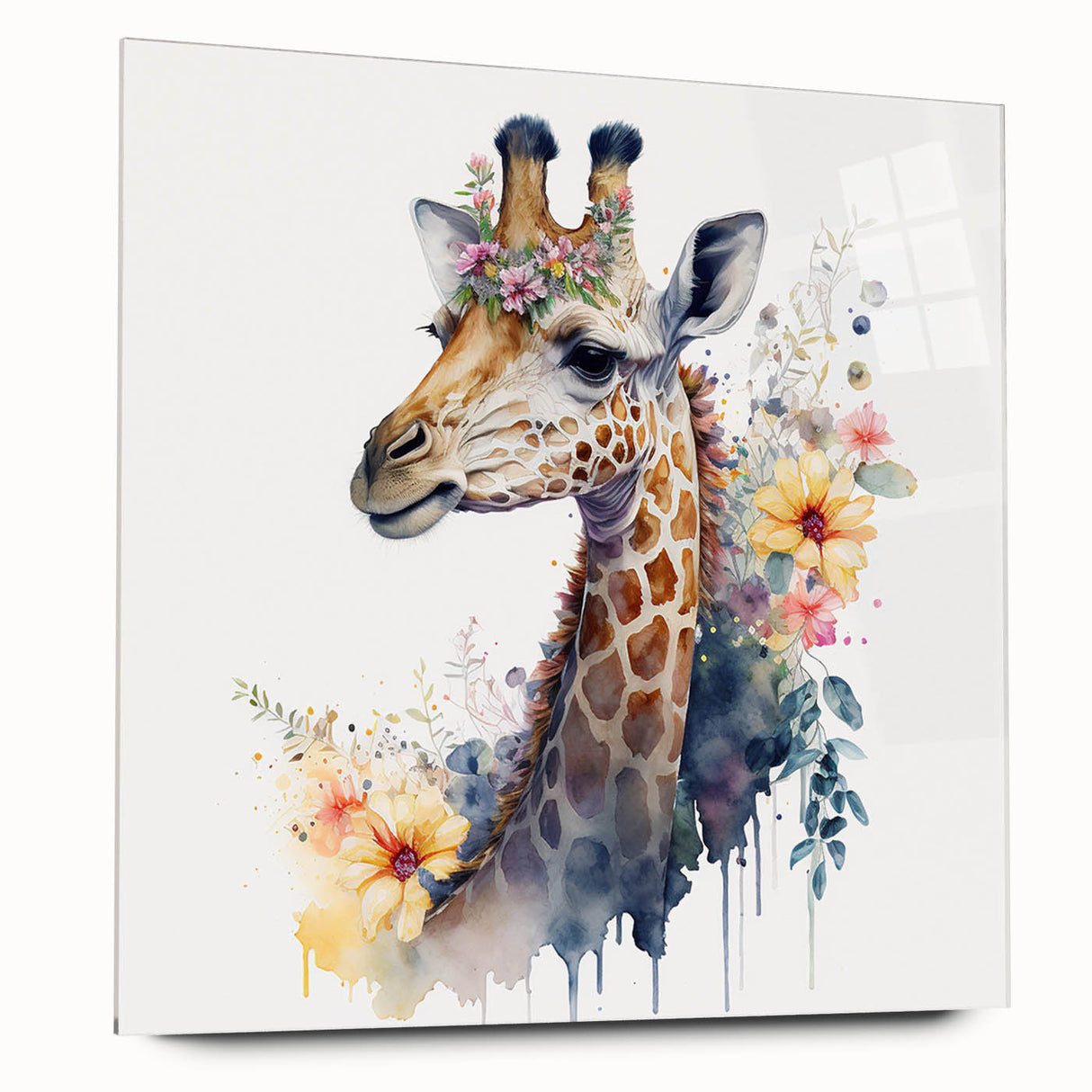 Side view of a giraffe wall art piece in acrylic glass, showcasing vibrant colors and intricate details, perfect for wildlife enthusiasts and home decor.