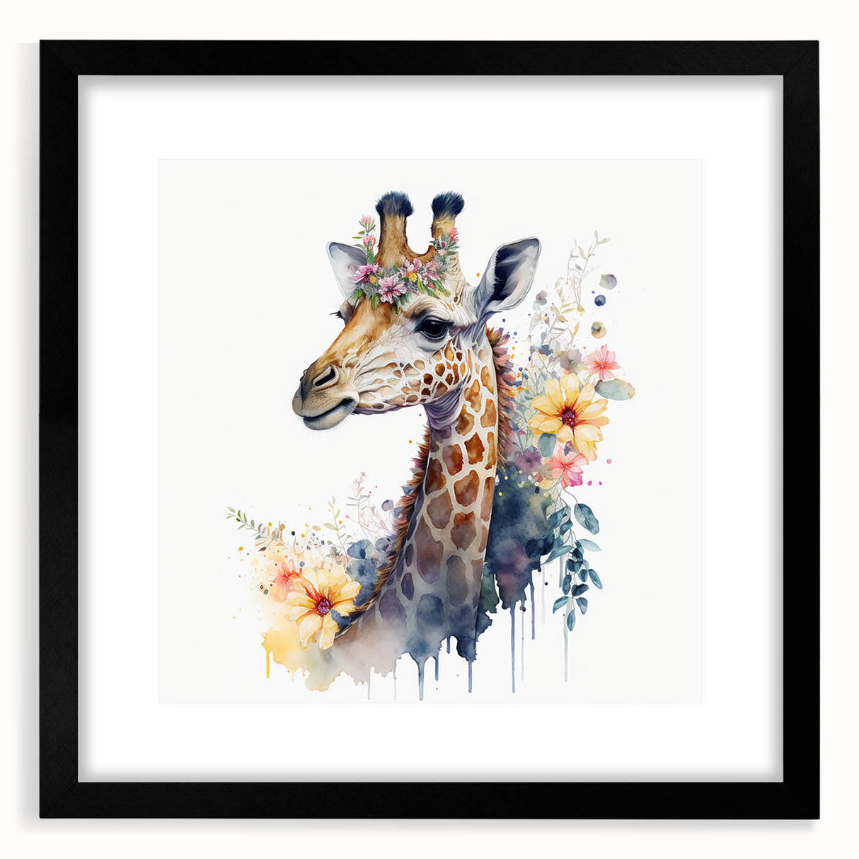 Giraffe-themed wall art design featuring intricate details and vibrant colors, framed in black with a mat, perfect for enhancing living spaces or offices.