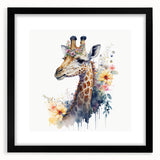 Giraffe-themed wall art design featuring intricate details and vibrant colors, framed in black with a mat, perfect for enhancing living spaces or offices.
